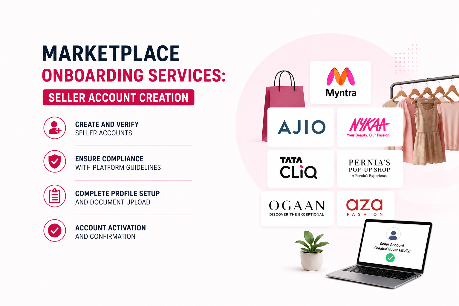 Marketplace Onboarding Services: Seller Account Creation for Myntra, Ajio, Nykaa, Tata CLiQ, Pernia's Pop-Up, Ogaan & Aza Fashion